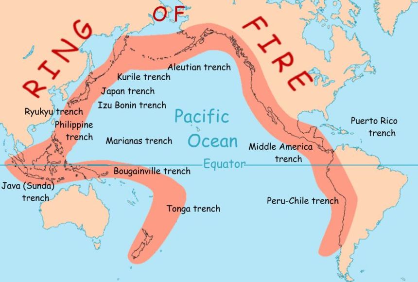 Map of the Pacific Ring of Fire, showing the arc of volcanoes and fault lines around the Pacific.